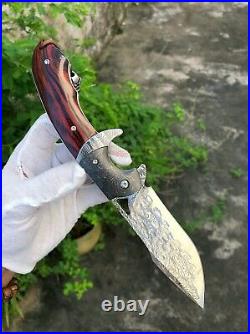 Handmade Damascus Steel Custom Folding Pocket Knife Wood Handle Leather Sheath