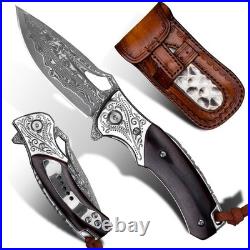 Handmade Damascus Steel Flipper Folding Knife with Pocket Clip, Liner Lock, T