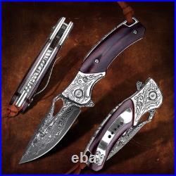 Handmade Damascus Steel Flipper Folding Knife with Pocket Clip, Liner Lock, T