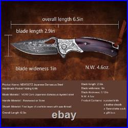 Handmade Damascus Steel Flipper Folding Knife with Pocket Clip, Liner Lock, T