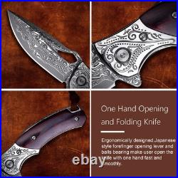 Handmade Damascus Steel Flipper Folding Knife with Pocket Clip, Liner Lock, T