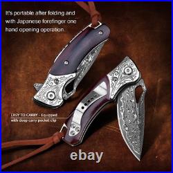 Handmade Damascus Steel Flipper Folding Knife with Pocket Clip, Liner Lock, T