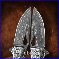 Handmade Damascus Steel Flipper Folding Knife with Pocket Clip, Liner Lock, T