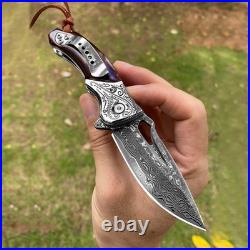 Handmade Damascus Steel Flipper Folding Knife with Pocket Clip, Liner Lock, T