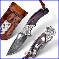 Handmade Damascus Steel Flipper Folding Knife with Pocket Clip, Liner Lock, T