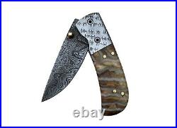 Handmade Damascus Steel Folding Blade Knife (Wooly Mammoth Tooth Handle)