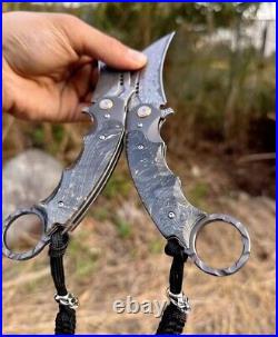 Handmade Damascus Steel Folding Claw knife Karambit Hunting knife Pocket Clip