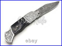 Handmade Damascus Steel Folding Knife Black Horn Handle Pocket EDC Knife