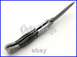 Handmade Damascus Steel Folding Knife Black Horn Handle Pocket EDC Knife