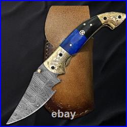 Handmade Damascus Steel Folding Knife Blue & Brass Handle Custom Pocket Knife