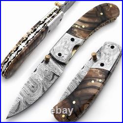 Handmade Damascus Steel Folding Knife Brass Guard, Leather Sheath
