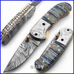 Handmade Damascus Steel Folding Knife Brass Guard, Leather Sheath