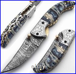 Handmade Damascus Steel Folding Knife Brass Guard, Leather Sheath