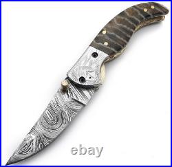 Handmade Damascus Steel Folding Knife Brass Guard, Leather Sheath