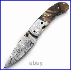Handmade Damascus Steel Folding Knife Brass Guard, Leather Sheath