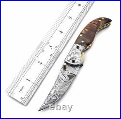 Handmade Damascus Steel Folding Knife Brass Guard, Leather Sheath