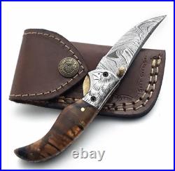 Handmade Damascus Steel Folding Knife Brass Guard, Leather Sheath