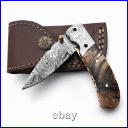 Handmade Damascus Steel Folding Knife Brass Guard, Leather Sheath