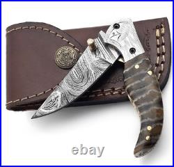 Handmade Damascus Steel Folding Knife Brass Guard, Leather Sheath