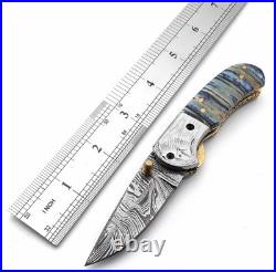 Handmade Damascus Steel Folding Knife Brass Guard, Leather Sheath