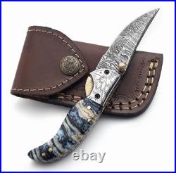 Handmade Damascus Steel Folding Knife Brass Guard, Leather Sheath