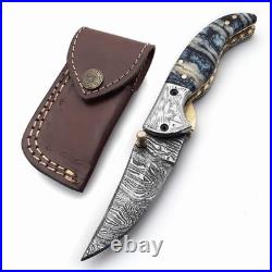 Handmade Damascus Steel Folding Knife Brass Guard, Leather Sheath