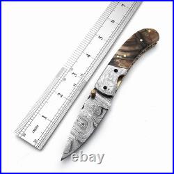 Handmade Damascus Steel Folding Knife Brass Guard, Leather Sheath