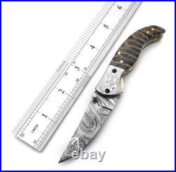 Handmade Damascus Steel Folding Knife Brass Guard, Leather Sheath