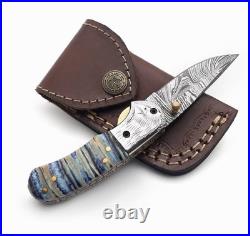 Handmade Damascus Steel Folding Knife Brass Guard, Leather Sheath