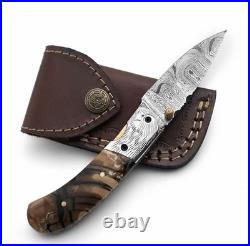 Handmade Damascus Steel Folding Knife Brass Guard, Leather Sheath
