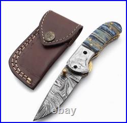 Handmade Damascus Steel Folding Knife Brass Guard, Leather Sheath