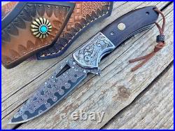 Handmade Damascus Steel Folding Knife Full Tang Rosewood Handle Leather Sheath