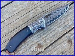 Handmade Damascus Steel Folding Knife Full Tang Rosewood Handle Leather Sheath