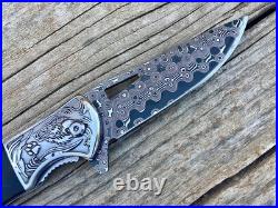 Handmade Damascus Steel Folding Knife Full Tang Rosewood Handle Leather Sheath