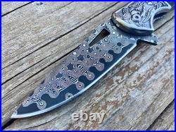 Handmade Damascus Steel Folding Knife Full Tang Rosewood Handle Leather Sheath