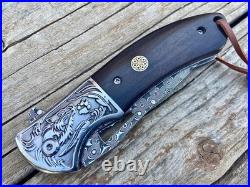 Handmade Damascus Steel Folding Knife Full Tang Rosewood Handle Leather Sheath