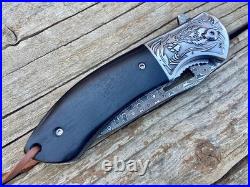 Handmade Damascus Steel Folding Knife Full Tang Rosewood Handle Leather Sheath