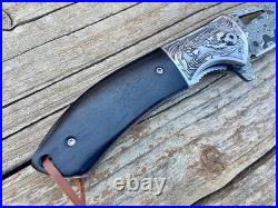 Handmade Damascus Steel Folding Knife Full Tang Rosewood Handle Leather Sheath