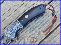 Handmade Damascus Steel Folding Knife Full Tang Rosewood Handle Leather Sheath