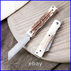 Handmade Damascus Steel Folding Knife Natural Deer Antler Handle Pocket Knives