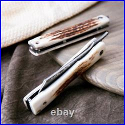 Handmade Damascus Steel Folding Knife Natural Deer Antler Handle Pocket Knives