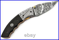 Handmade Damascus Steel Folding Knife Perfect For Hunting Linear Lock Ram Horn