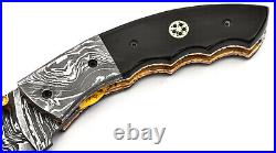 Handmade Damascus Steel Folding Knife Perfect For Hunting Linear Lock Ram Horn