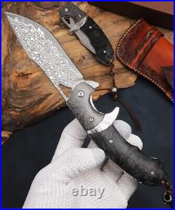 Handmade Damascus Steel Folding Knife Pocket Knives Sheath Carbon Fiber Handle