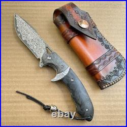 Handmade Damascus Steel Folding Knife Pocket Knives Sheath Carbon Fiber Handle