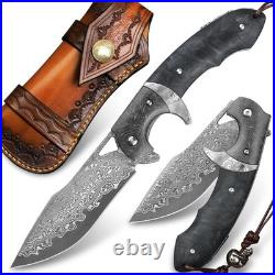Handmade Damascus Steel Folding Knife with leather case, 3.8in VG10 steel core