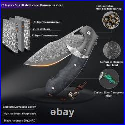 Handmade Damascus Steel Folding Knife with leather case, 3.8in VG10 steel core