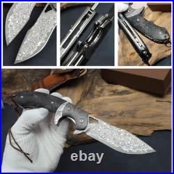 Handmade Damascus Steel Folding Knife with leather case, 3.8in VG10 steel core
