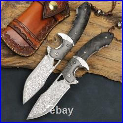 Handmade Damascus Steel Folding Knife with leather case, 3.8in VG10 steel core