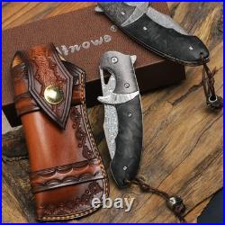 Handmade Damascus Steel Folding Knife with leather case, 3.8in VG10 steel core